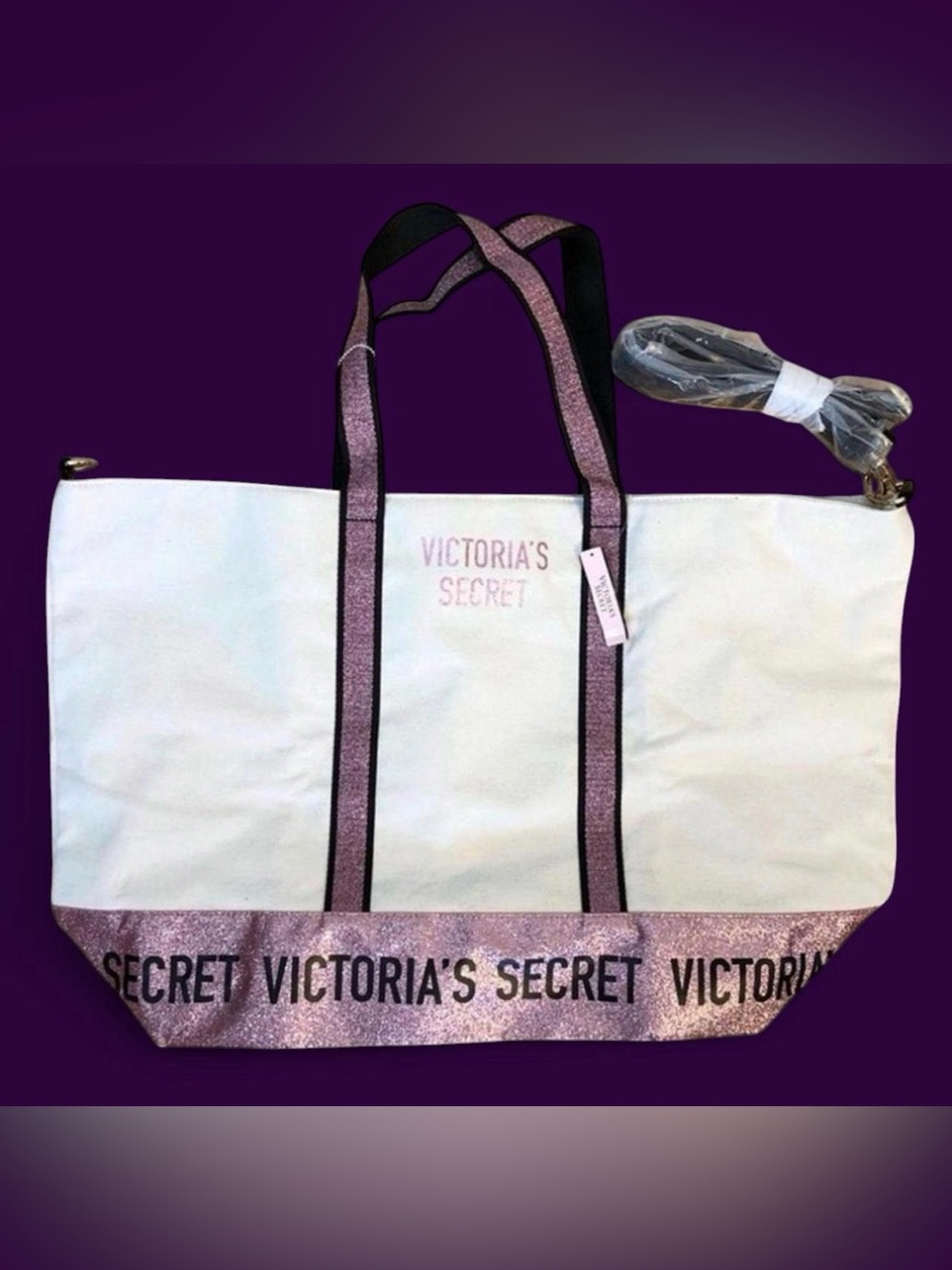 Victoria's Secret White Tote with Pink Glitter Trim